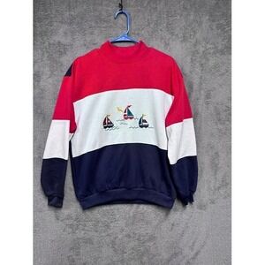 Vintage Sports Accent Pullover Sweatshirt Nautical Embroidered Red White Blue